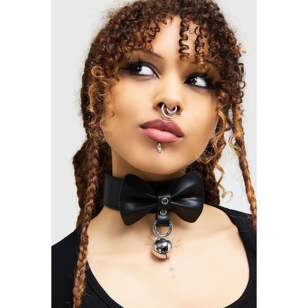 Killstar Lil Vampurr Choker Black Vegan Leather Bow Bell Goth Necklace